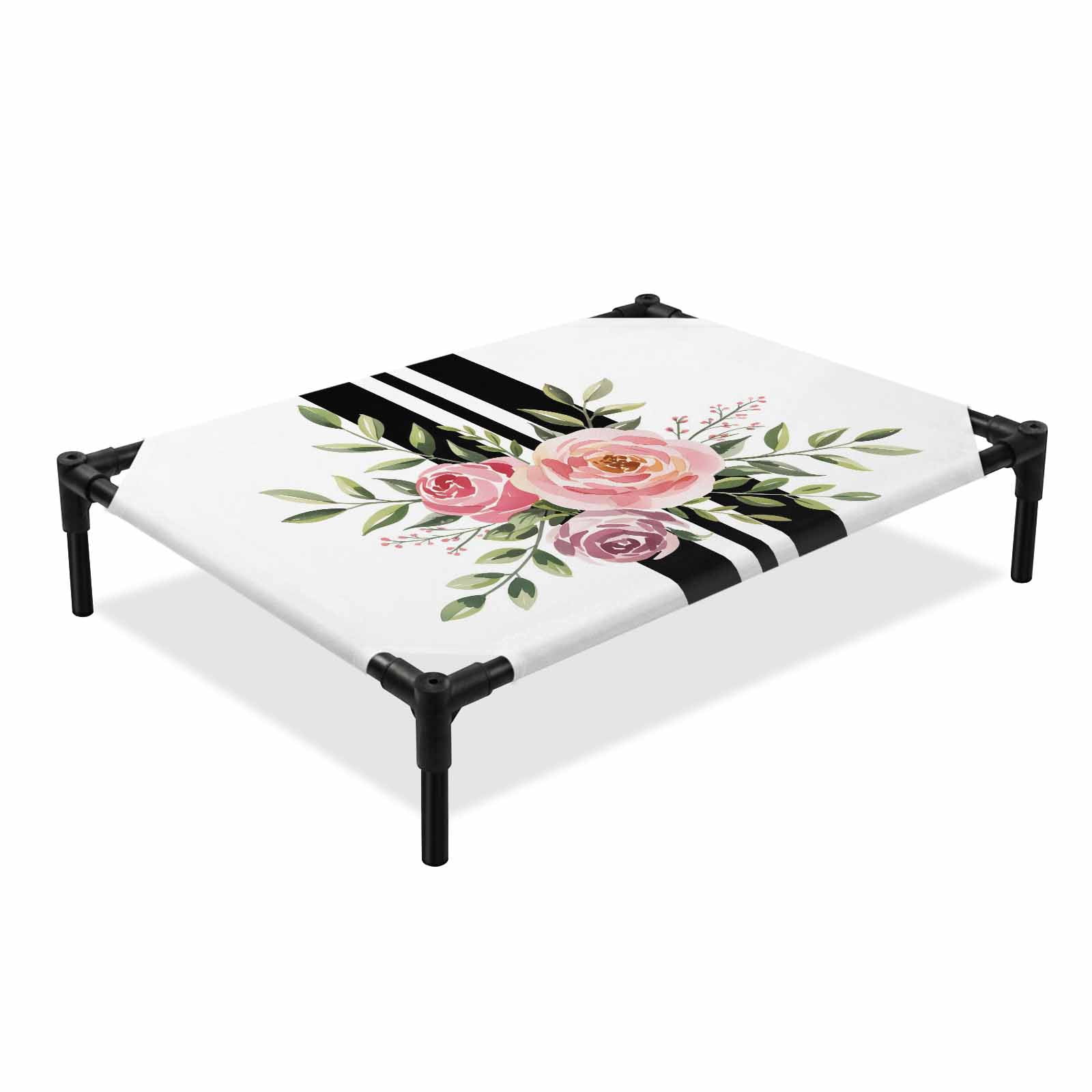 Valentine s Day Flower Elevated Dog Bed Watercolor Pink Rose Floral Green Leaf Black Stripes Cooling Breathable Outdoor Raised Dog Cot Bed with Metal Frame Non-Slip Feet for Medium Dog 24x20in