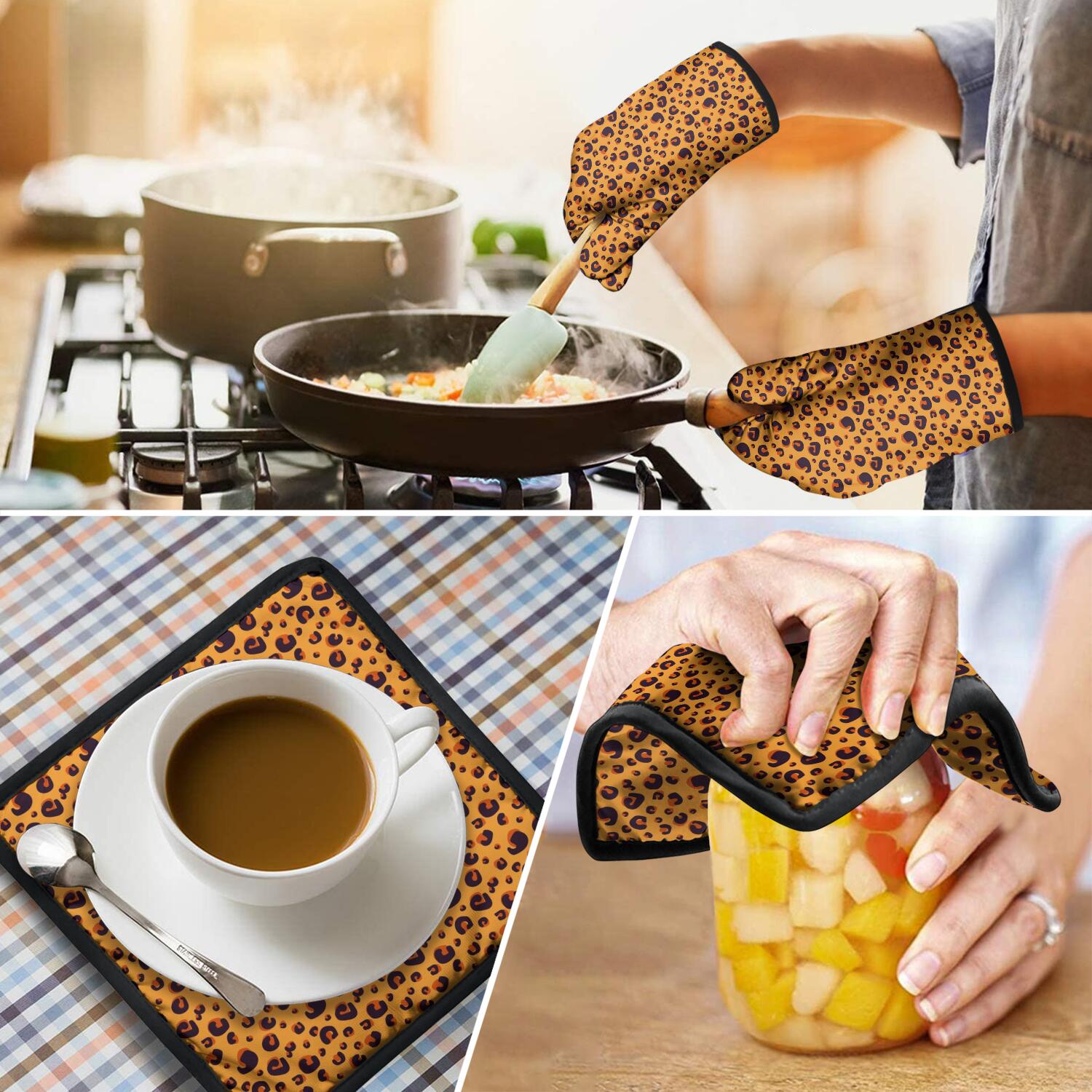 Leopard Print Oven Mitts and Pot Holders Set Of 4, Heat Resistant Kitchen Gloves with Non-Slip Grip, Hanging Loop, Soft Cotton Lining for Baking, Cooking, Grilling, Barbecue