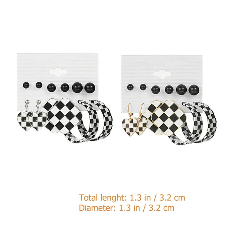 12 Pairs Fashion Black White Striped Checkered Dangle Drop