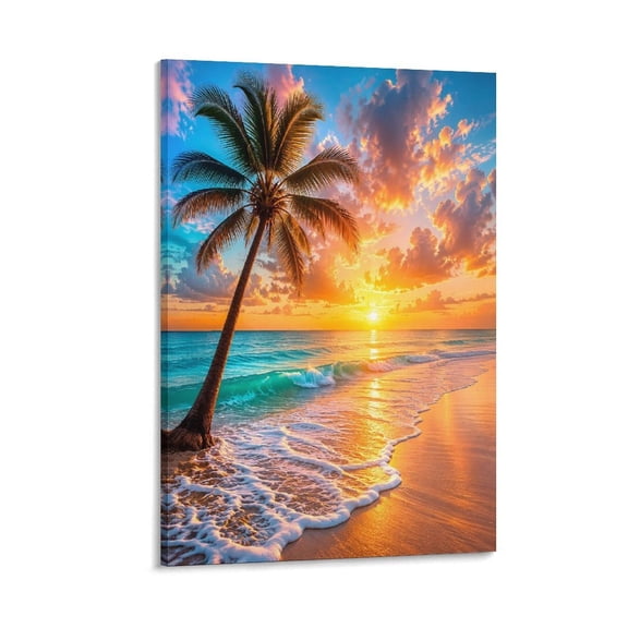 RKSupls Palm Tree Ocean Sunset Canvas Wall Art Framed Painting, Modern Home Decor Print for Living Room Bedroom Office Wall Decoration