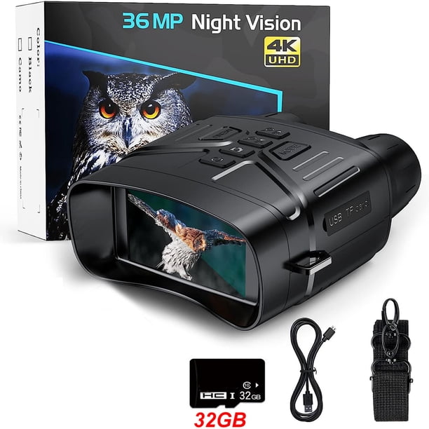 Binoculares con visión nocturna Ultra HD 4K de 36 MP con detección infrarroja nocturna y visión nocturna para exteriores. Incluye tarjeta de 32 GB. Telescopio nocturno.