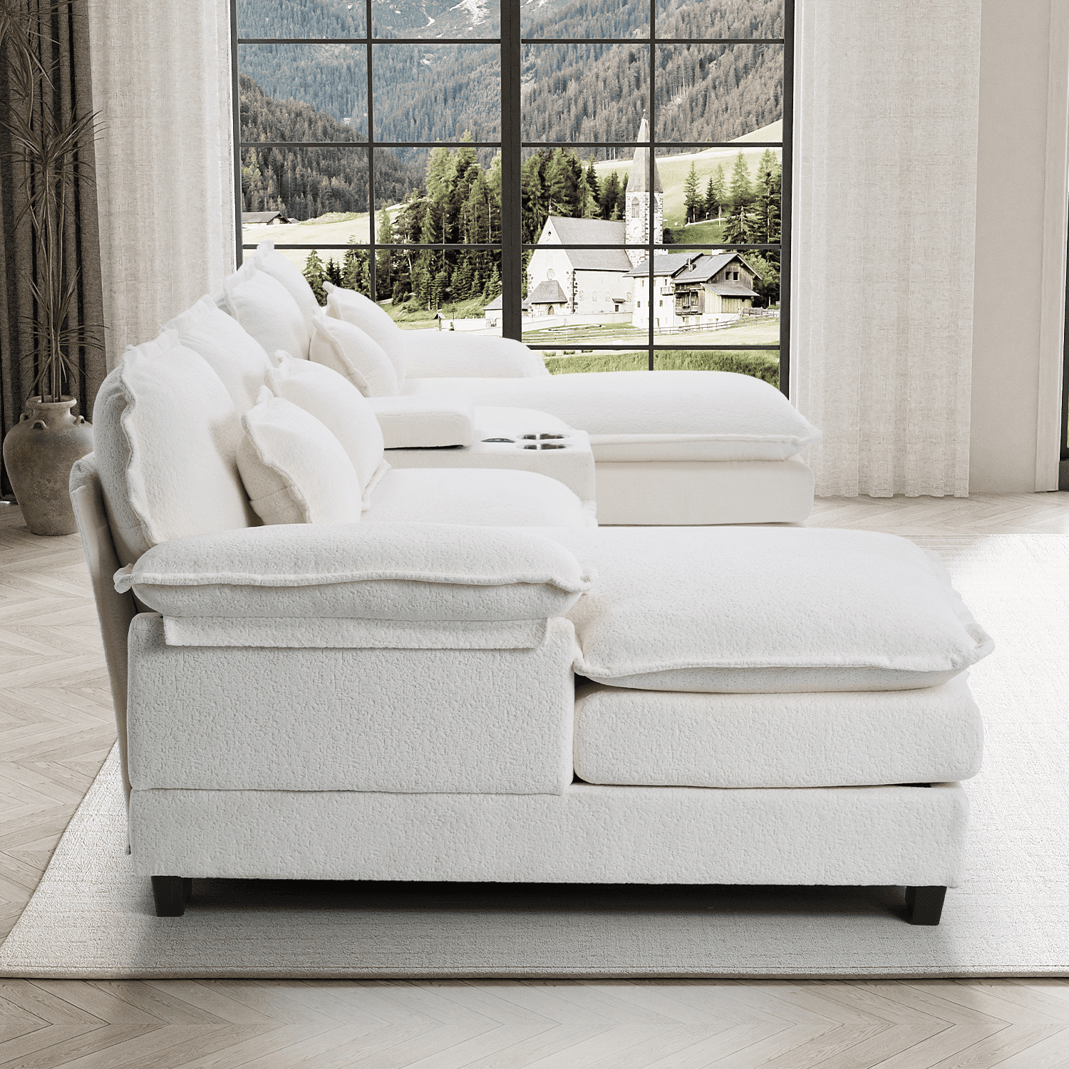 Wiilayok 133" U Shaped Cloud Couch Modular Sectional Couches for Living Room Fluffy Chenille Deep Seat Sofa Set with Double Chaise Lounge, Storage Central Console, Cup Holders, USB Port, Beige White
