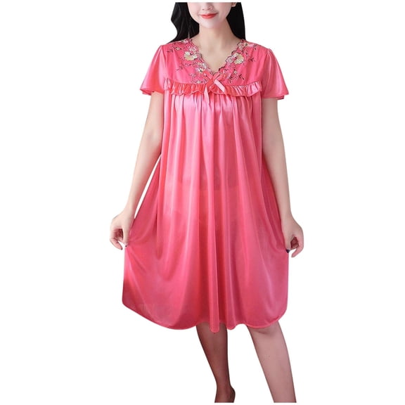 BUIGTTKLOP Satin Nightgowns for Women Ruffle Short Sleeve Sleepshirts Floral Lace V Neck Knee Length Pajamas Dress