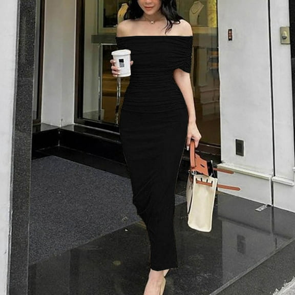 ZZwxWA Womens Off The Shoulder Sexy Skinny Fit Cocktail Party Dress Solid Color Oversize Maxi Long Dress Short Sleeve Backless Formal Gown Black Small