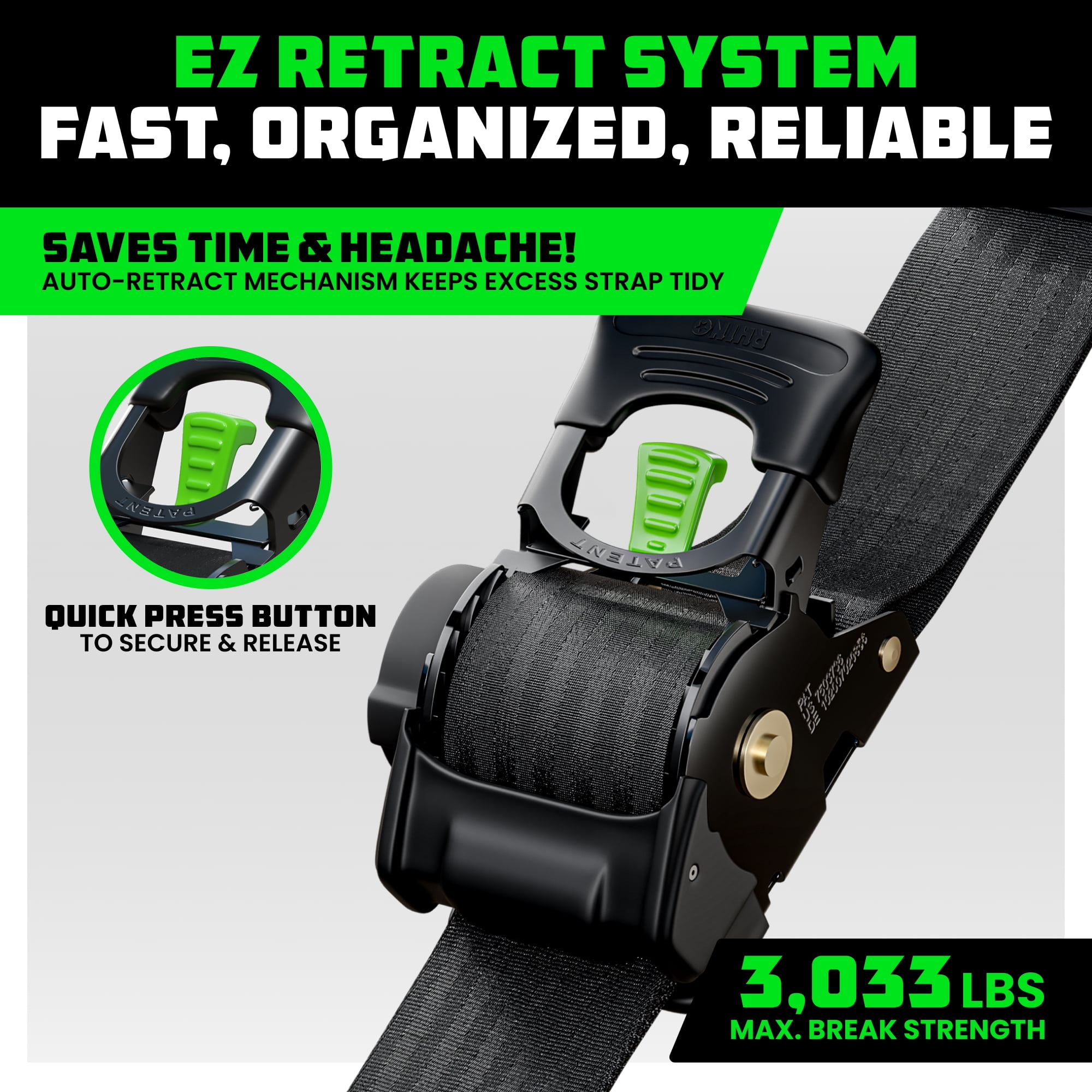 Rhino USA Heavy Duty 2" x 10' Retractable Ratchet Straps 3,033lb Break Strength (Black 4-Pack)