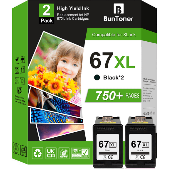 67XL Black Ink Cartridge Compatible for HP 67 Black Ink Cartridge XL (2 Pack)