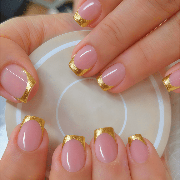 YTTAL Gold Foil French Tip Press On Nails - Short Square Fake Nails, 24PCS Reusable Acrylic False Nails , Salon Quality Manicure Set for Women Daily Wear & Party