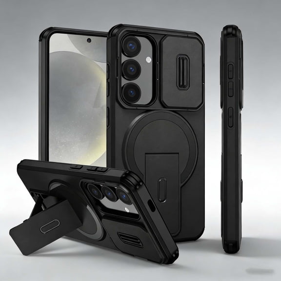 For Samsung Galaxy A57 Phone Case,Compatible With Mag-Safe,With Contractile Kickstand,Camera Cover,Heavy Duty Shokcproof Anti-fall Drop Protection,Non-slip Rugged Phone Case Cover,Black