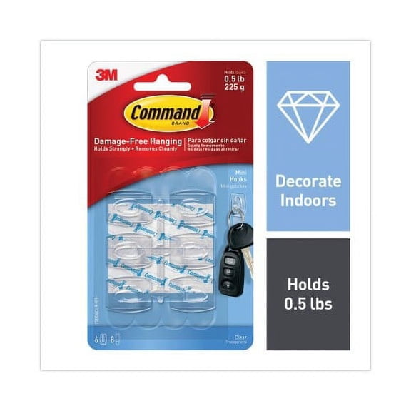 2PK Command Clear Hooks and Strips, Mini, Plastic, 0.5 lb Capacity, 6 Hooks and 8 Strips/Pack (17006CLRES)