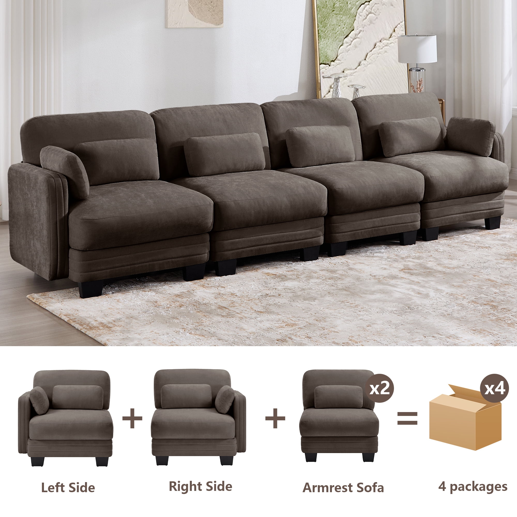 130" Tufted Modern Modular Sectional 4 Seater Sofa Couch with 6 Pillows