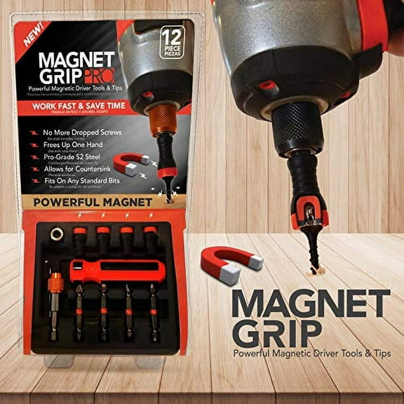 Magnet Grip Pro Magnetic Drill Bit Set | Magnetic Collar Screw holder and Bit holder | Magnetic Screwdriver Bits| 12 Pieces