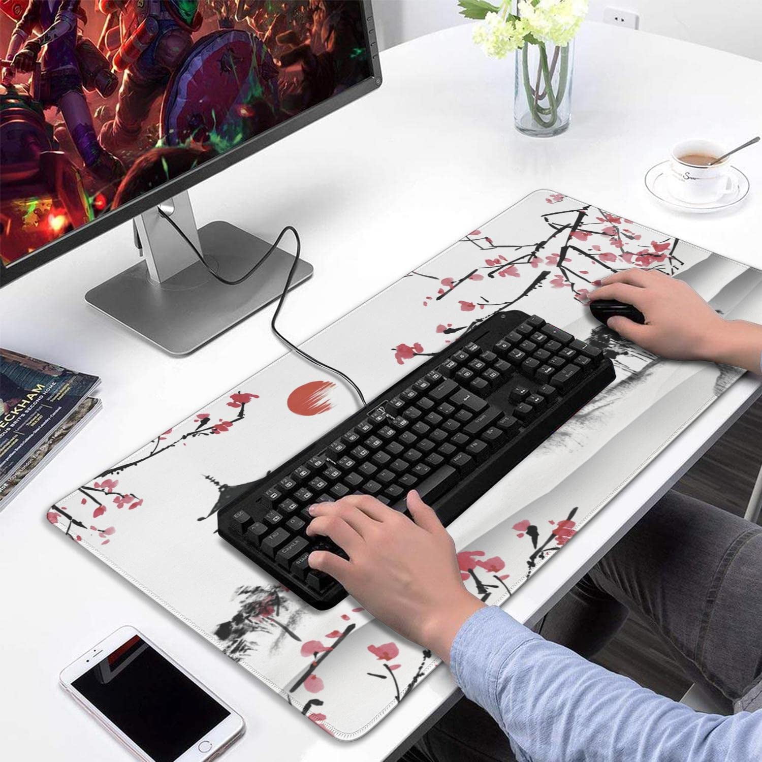 Cherry Blossom Mouse Pad (31.5x15.7 in) Japanese Extended Gaming Mouse pad Large Non-Slip Rubber Base Sakura Desk Protector with Stitched Edges Full Desk Mousepad XXL