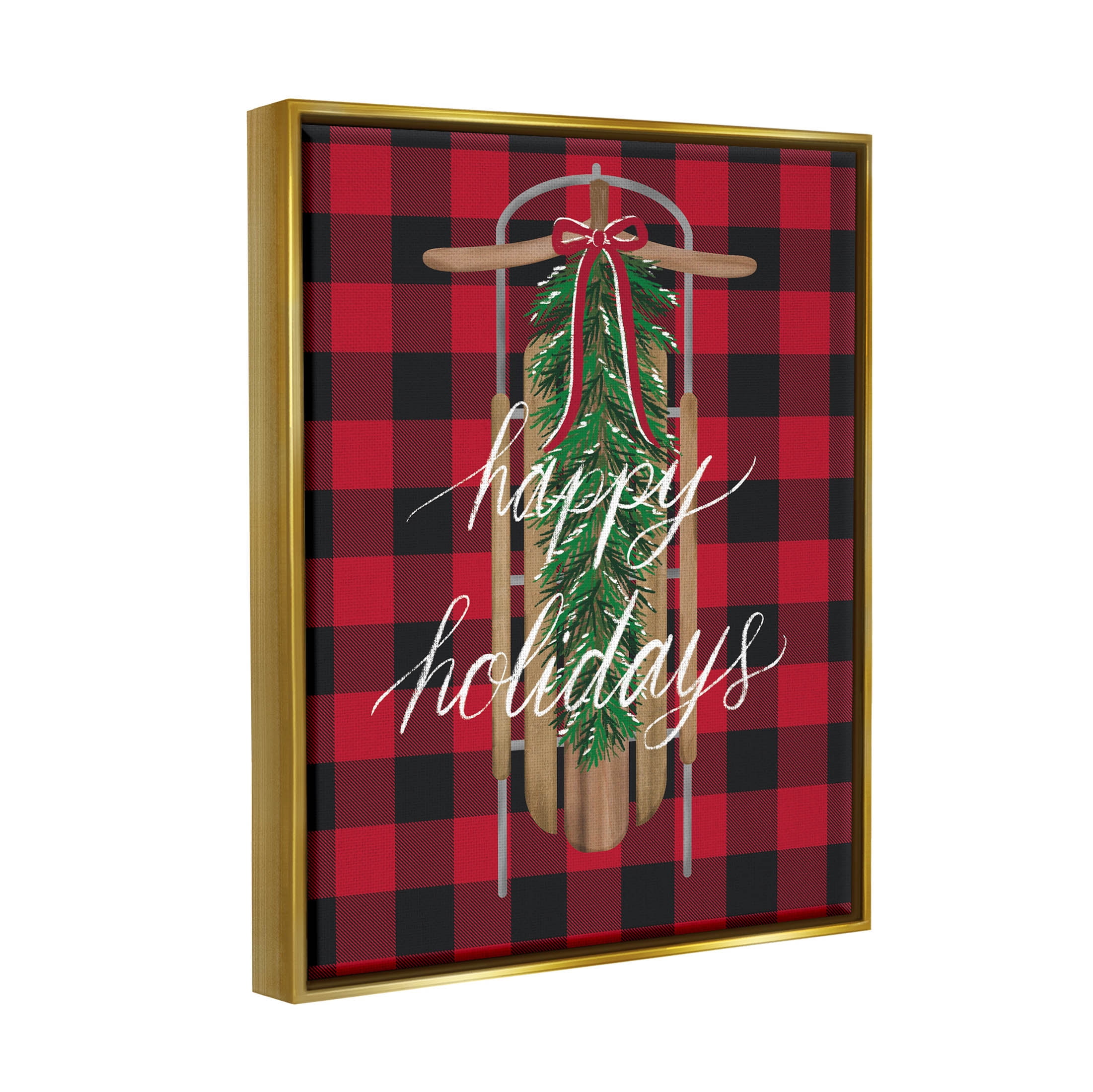 Stupell Industries Happy Holidays Tartan Sled Graphic Art Metallic Gold Floating Framed Canvas Print Wall Art, Design by Amanda McGee