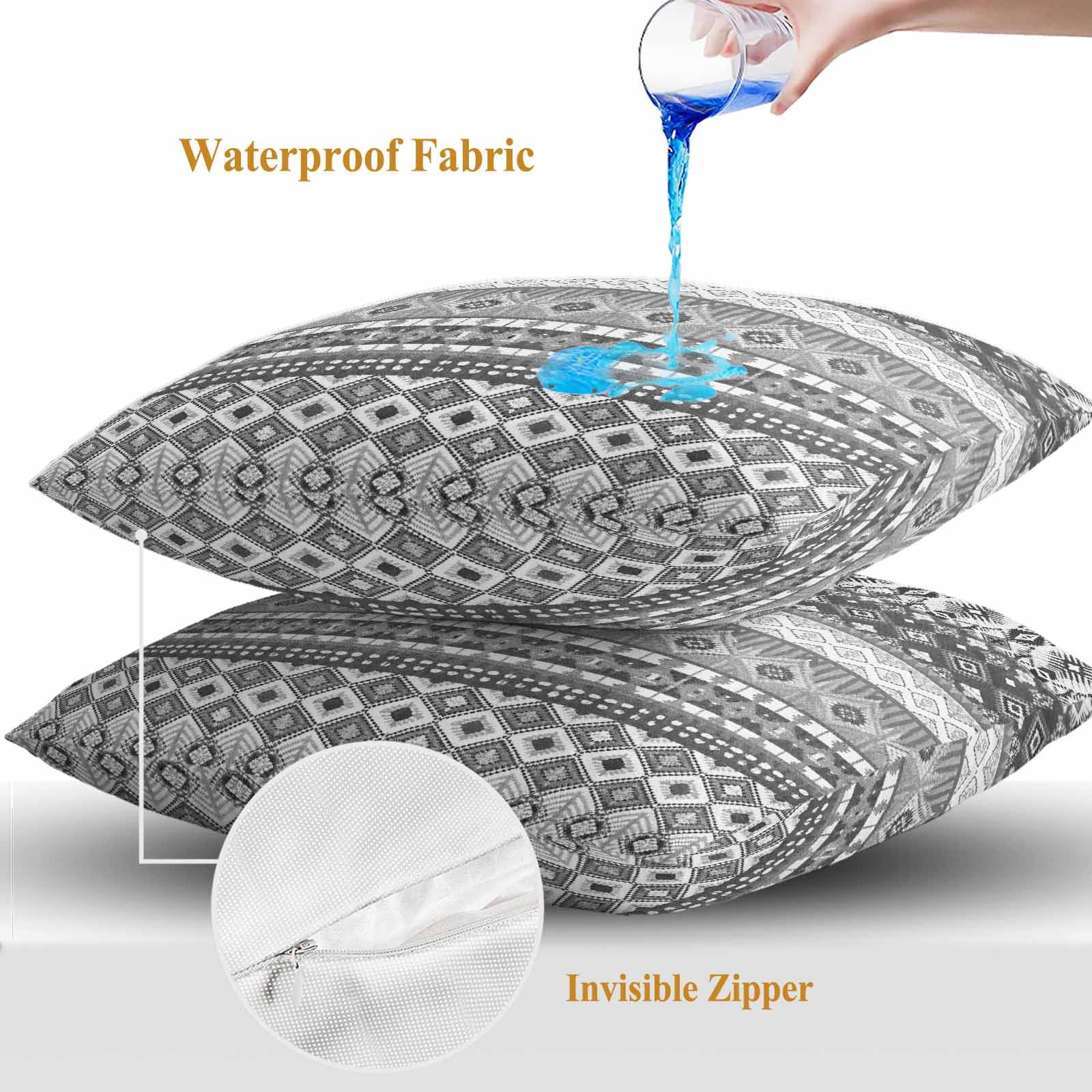 Outdoor Waterproof Throw Pillow Covers Set of 2 Black Bohemian Decorative Pillowcases Square Pillows Cushion Case 18x18 Inch Boho Style Floral Leaves Geometric Patio Pillows for Couch Sofa Bed