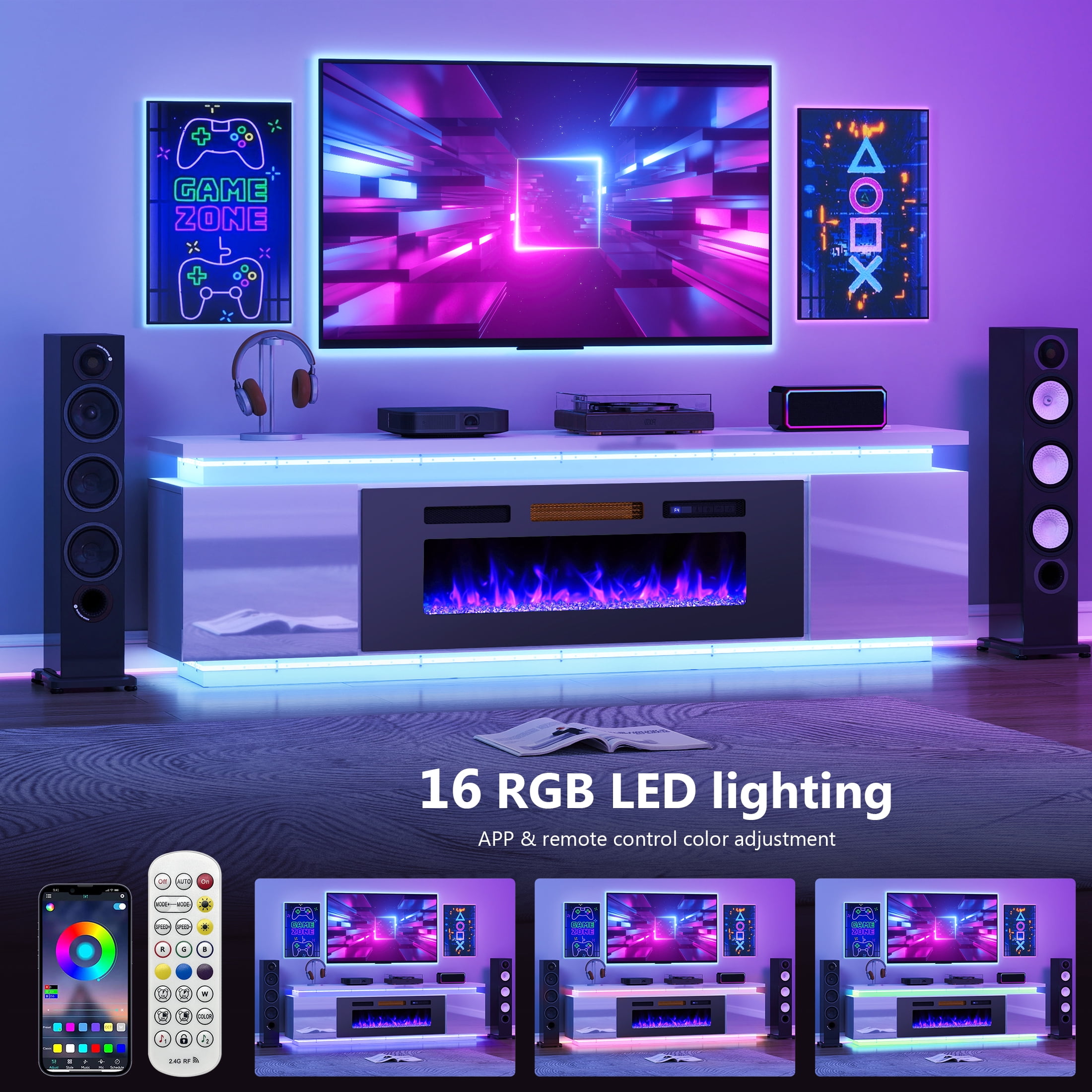 Anrist Electric Fireplace TV Stand for TVs up to 80" with LED Lights & 4 AC Power Outlets, TV console for Living Room, White, Ship in 2 Boxs