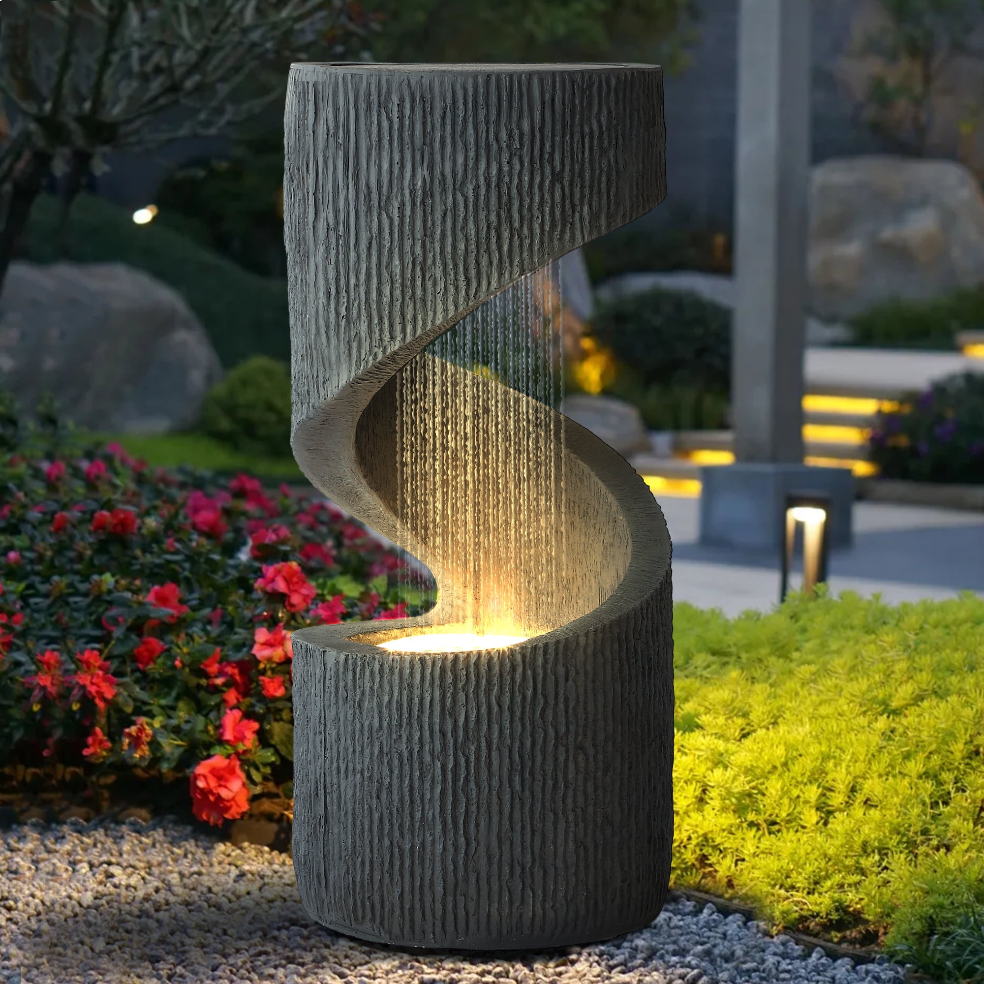 Haverchair 31.9" Outdoor Water Fountain with LED Light, Large Spiral Fountains Curved Garden Fountain, Modern S-Shaped Freestanding Waterfall for Garden, Patio, Backyard, Deck, Porch and Home Decor