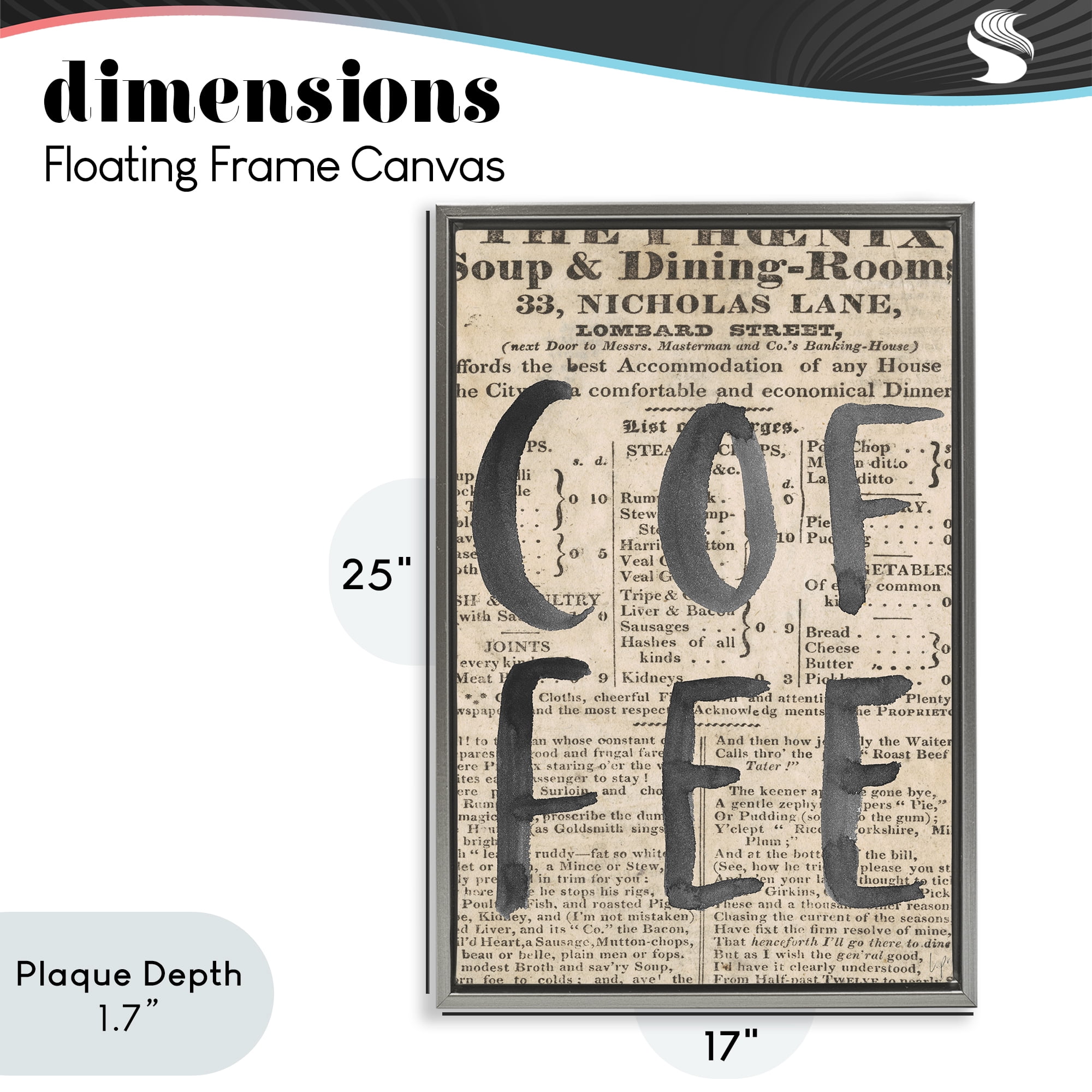 Stupell Industries Vintage Coffee Newspaper Gray Framed Floater Canvas Wall Art, design by Lucille Price