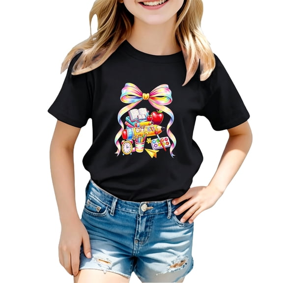 Kiijoy T Shirt Girls Short Sleeve Crew Neck T-Shirt Kids Graphic Tee Top, Black, Sizes 2-3