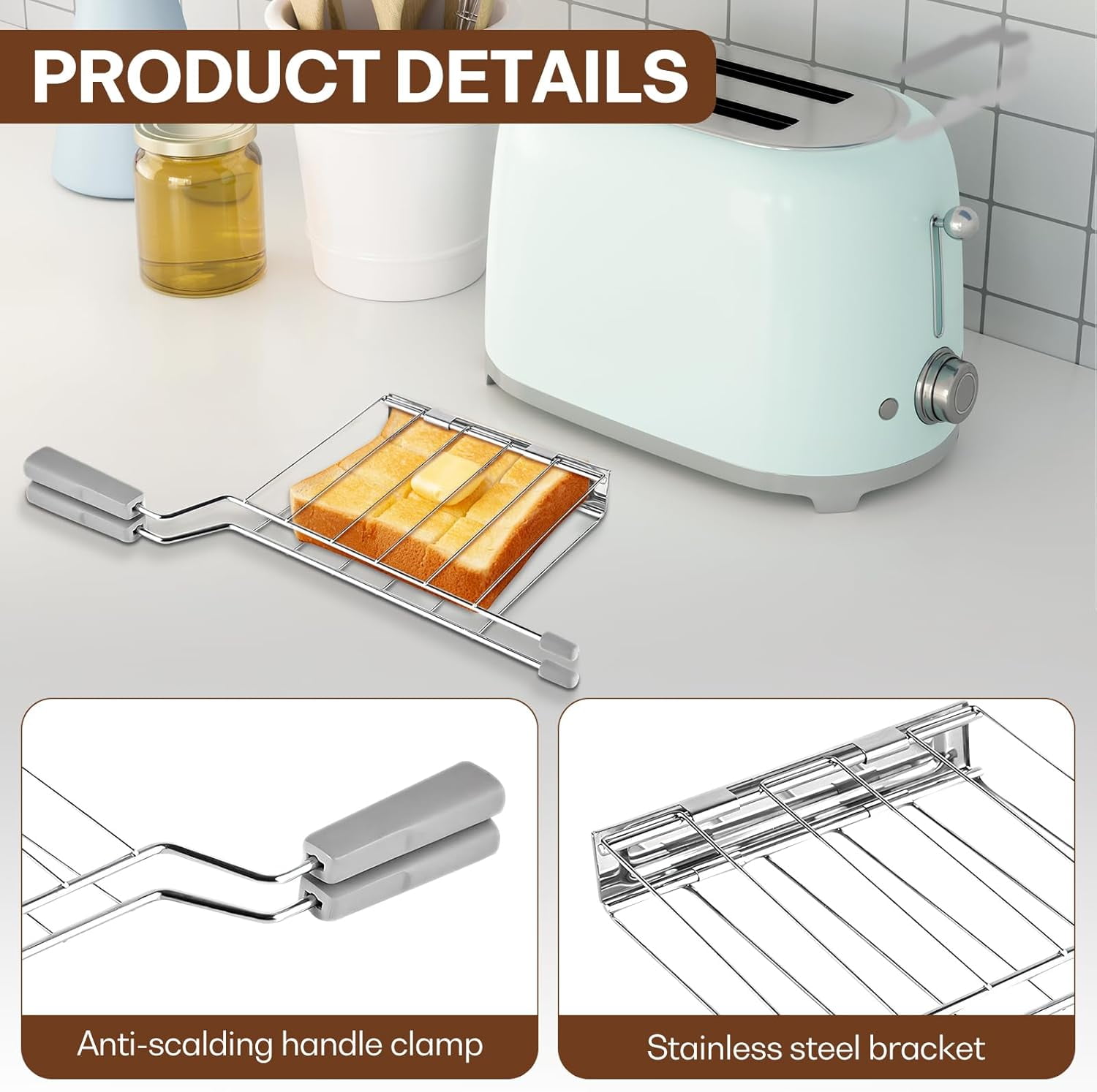 ABCISI Toast Slice Holder, Toaster Warming Rack, Practical Stainless Steel Kitchen Tool Sandwich Cage Bread Toast Rack for Baking Home, Gray