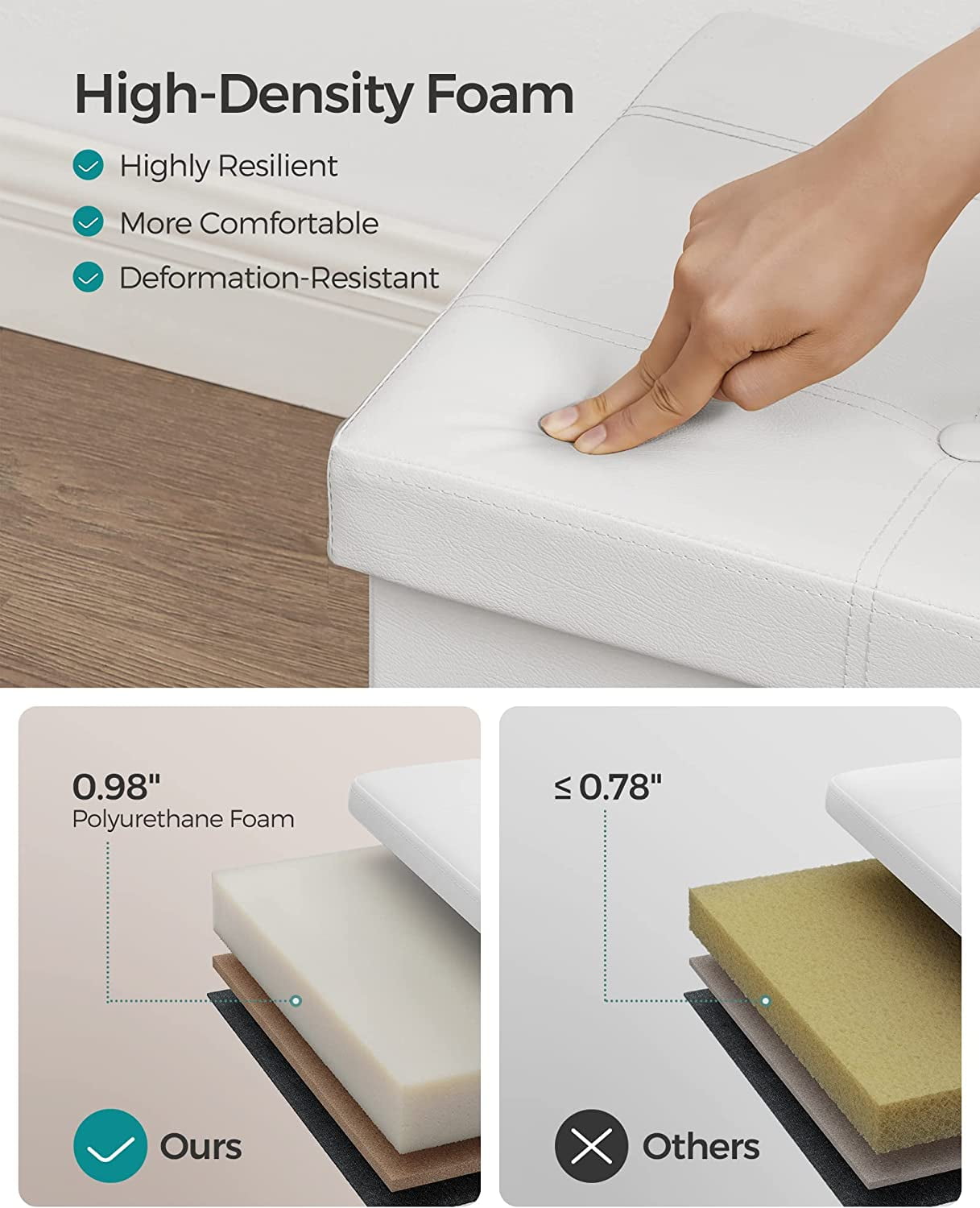 SONGMICS 43" Storage Ottoman Bench Leather Ottoman with Storage Hold up to 660lb Folding Footstools for Bedroom Living Room White