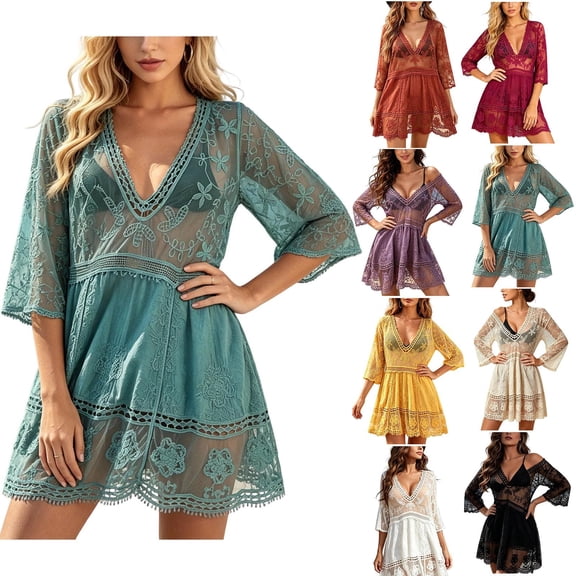 Hesxuno Women Swimsuit Cover Ups 3/4 Sleeve Swim Dress Lace Bathing Suit Cover Up Beach Boho Vacation Restro Beachwear Green Free Size