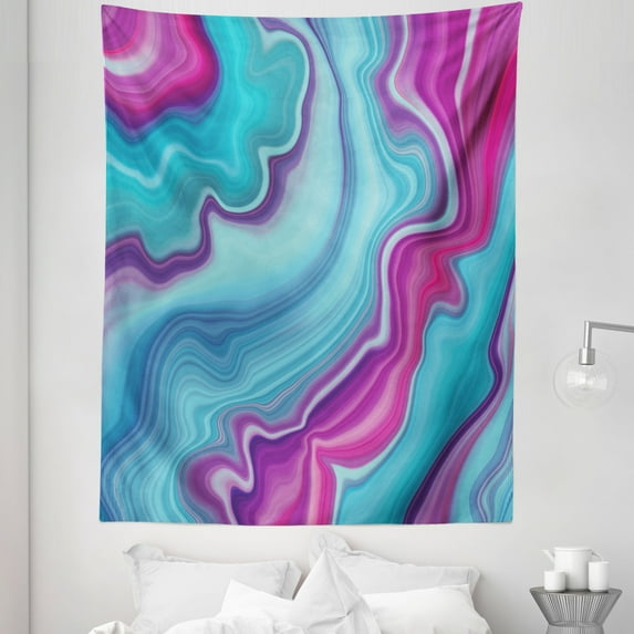 Marble Print Tapestry, Abstract Color Formation Wavy Aqua Pink Lines Agate Slab Mineral Geographic, Fabric Wall Hanging Decor for Bedroom Living Room Dorm, 5 Sizes, Aqua Pink, by Ambesonne