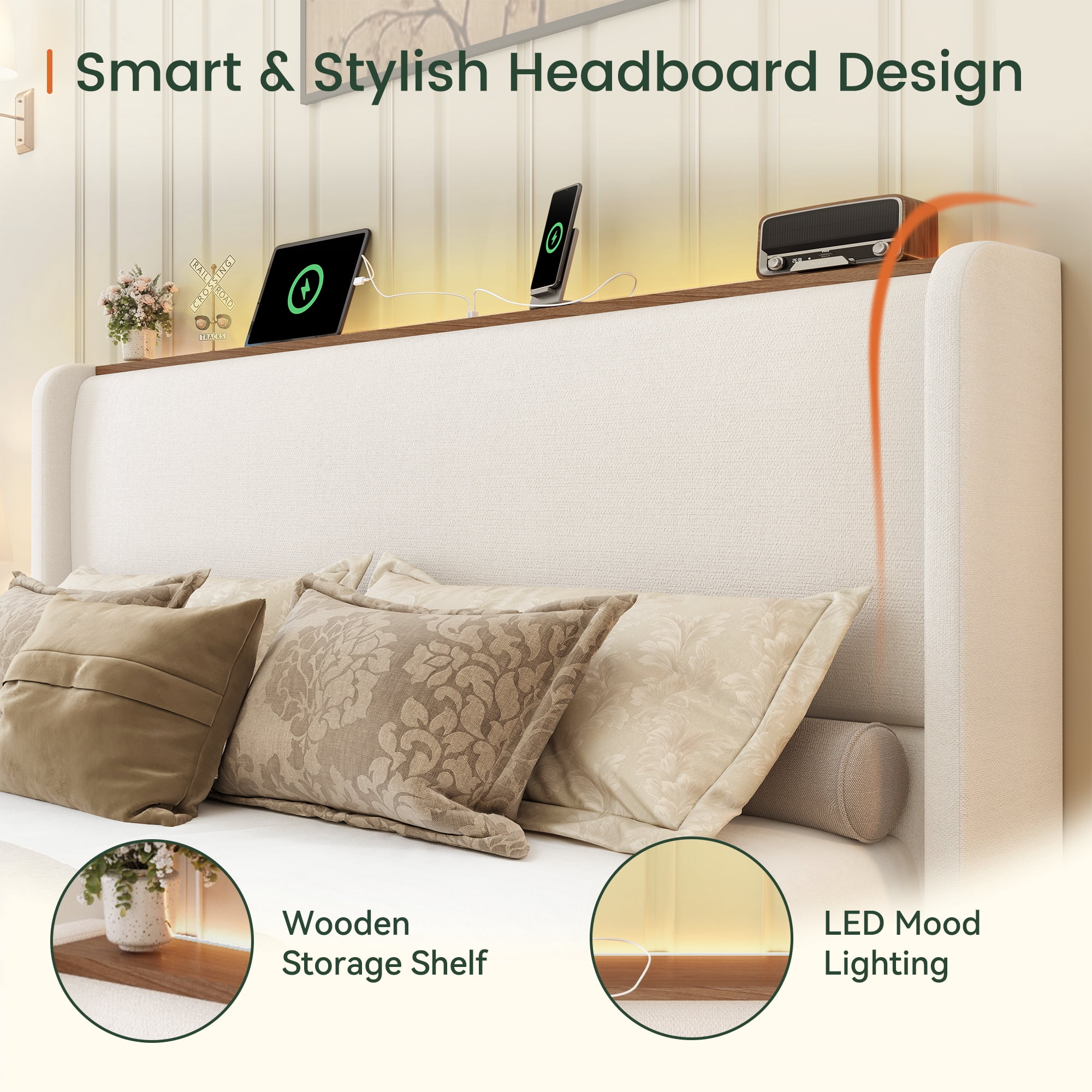 Breltam Upholstered Platform Bed with Wingback Headboard, Queen Bed Frame with LED Lights and Charging Station, Beige