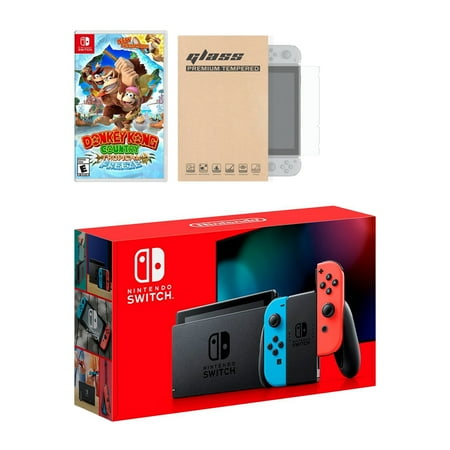 Nintendo Switch Neon Red Blue Joy-Con Console Donkey Kong Country: Tropical Freeze Bundle, with Mytrix Tempered Glass Screen Protector - Improved Battery Life Console with NS Game Disc