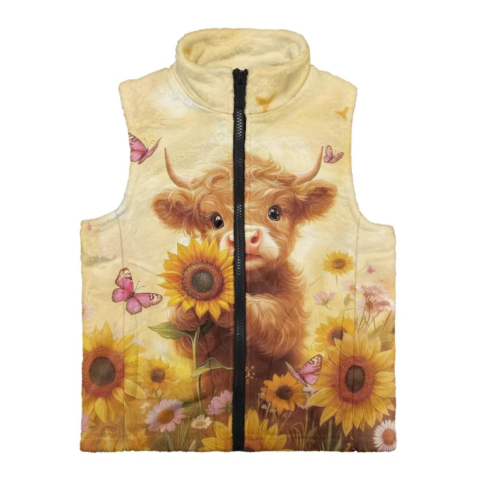 Uorisanigo Toddler Girls Boys Winter Fleece Vest Baby Highland Cow Sunflower Puffy Sleeveless Jacket with Pockets, Lightweight Full Zipper Outerwear Waistcoat for Fall Winter Layering