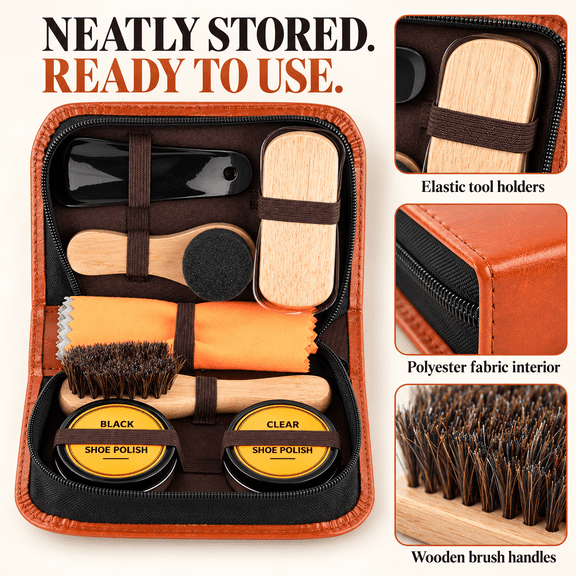 8 Piece Shoe Care Kit with Polish & Wax, Black & Clear Shoe Polish with Brushes, Leather Shoes Maintenance Set for Men, Boot Polish Kit for Travel