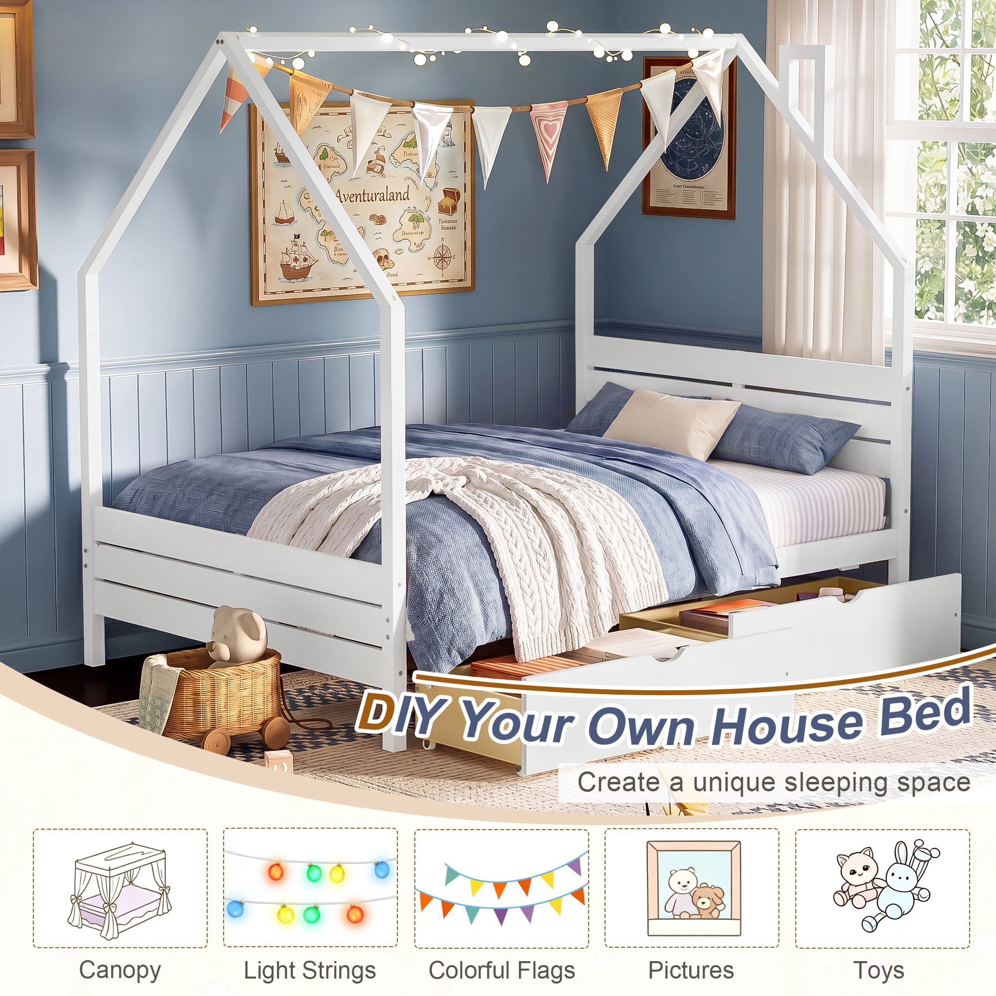 Mintazer Full Kids House Canopy Platform Bed with 2 Storage Drawers, Montessori Bed with Headboard for Bedroom, White