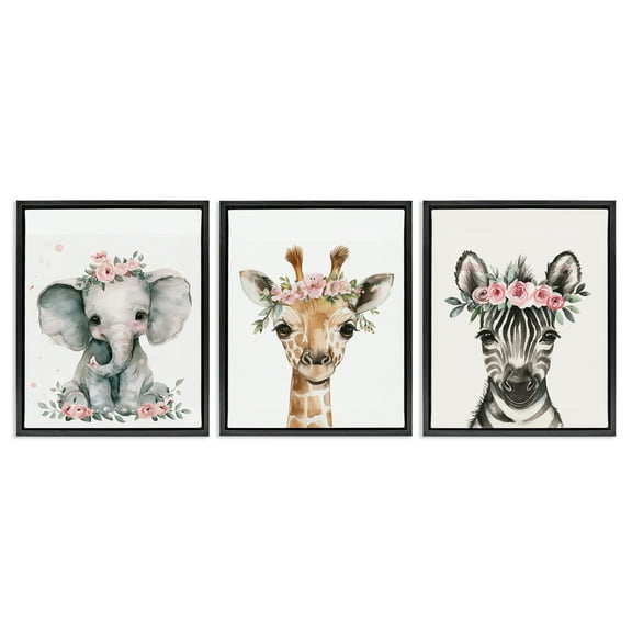 Stupell Industries Pink Rose Jungle Animals Animals Painting Black Floater Framed Canvas Art Print Wall Art, 17 x 21, Set of 3