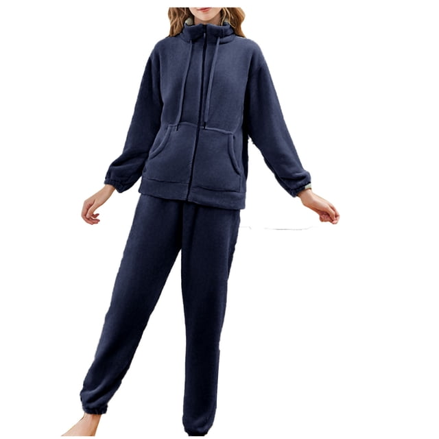 Timegard Ensembles de Pyjamas 2 Pcs pour Femmes Vestes en Polaire à Fermeture Éclair avec Poches Bas Resserré Chaud Tenues de Détente