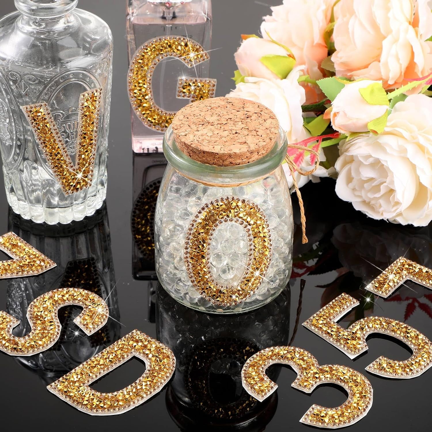 37 Pieces Rhinestone Letter Stickers Large Glitter Alphabet Crystal Number Self Adhesive Bling Stickers Iron on Letters for Art Crafts Clothing DIY Decors(Gold,2.56 Inch)
