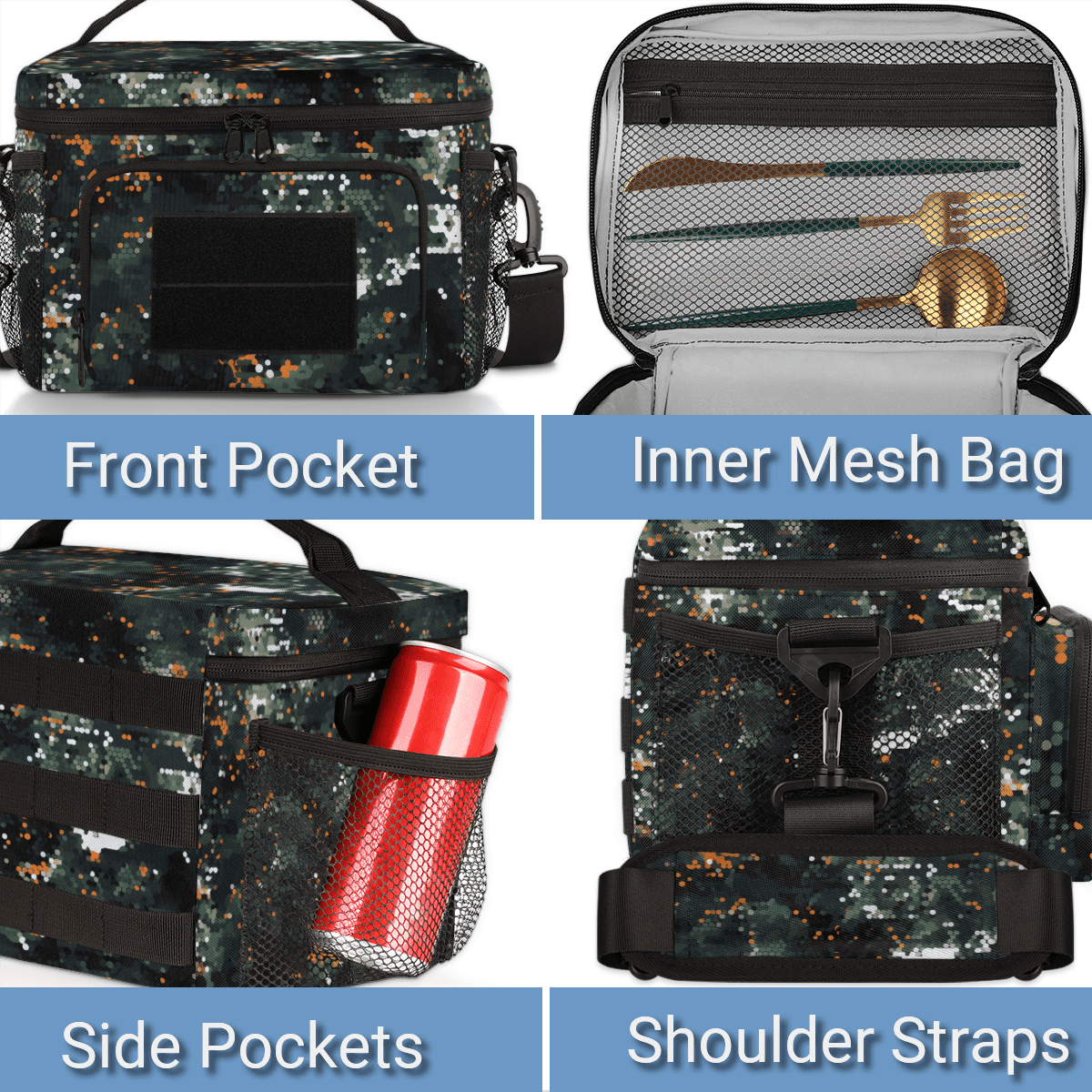 Tactical Lunch Bag 10.4" Insulated Cooler Bag for Adults with Shoulder Strap,Camouflage Meal Prep Bag with Multiple Pockets,Durable Water-Resistant Work Lunch Box