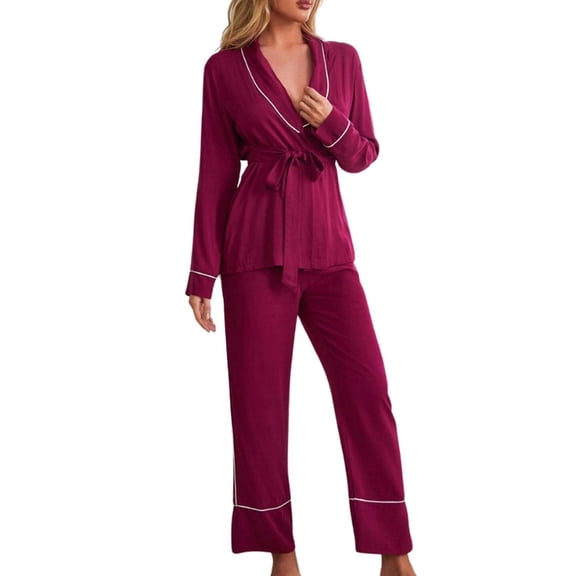 Women's Pajamas Sleepwear Set Autumn Winter Red Solid Color Long Sleeve Cardigan Robe Can Be Worn Out
