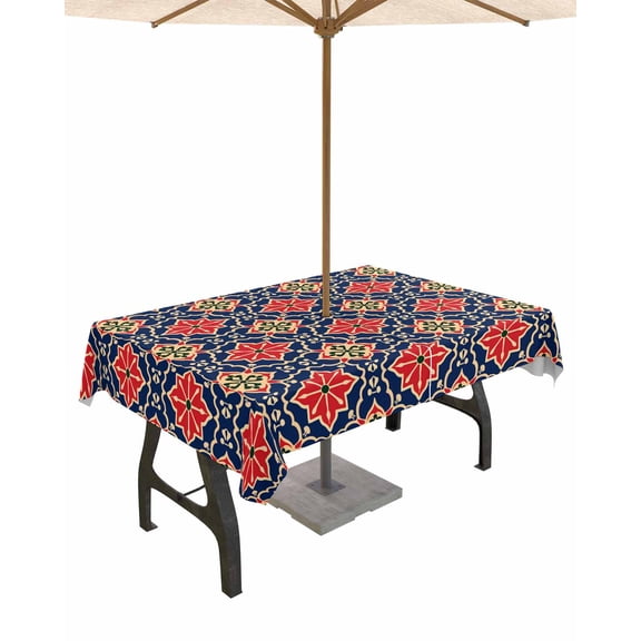 Fsddascl Red Navy Blue Outdoor Tablecloth - 60x84 Inch Rectangle Dining Table Cover, Morocco Modern Geometric Ethnic Art Waterproof Outdoor Table Cloth with Umbrella Hole & Zipper for Picnic/Patio