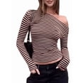 thumbnail image 2 of Women Long Sleeve Grunge Shirts Striped Off the Shoulder Tops Y2K T Shirt Brown M, 2 of 9