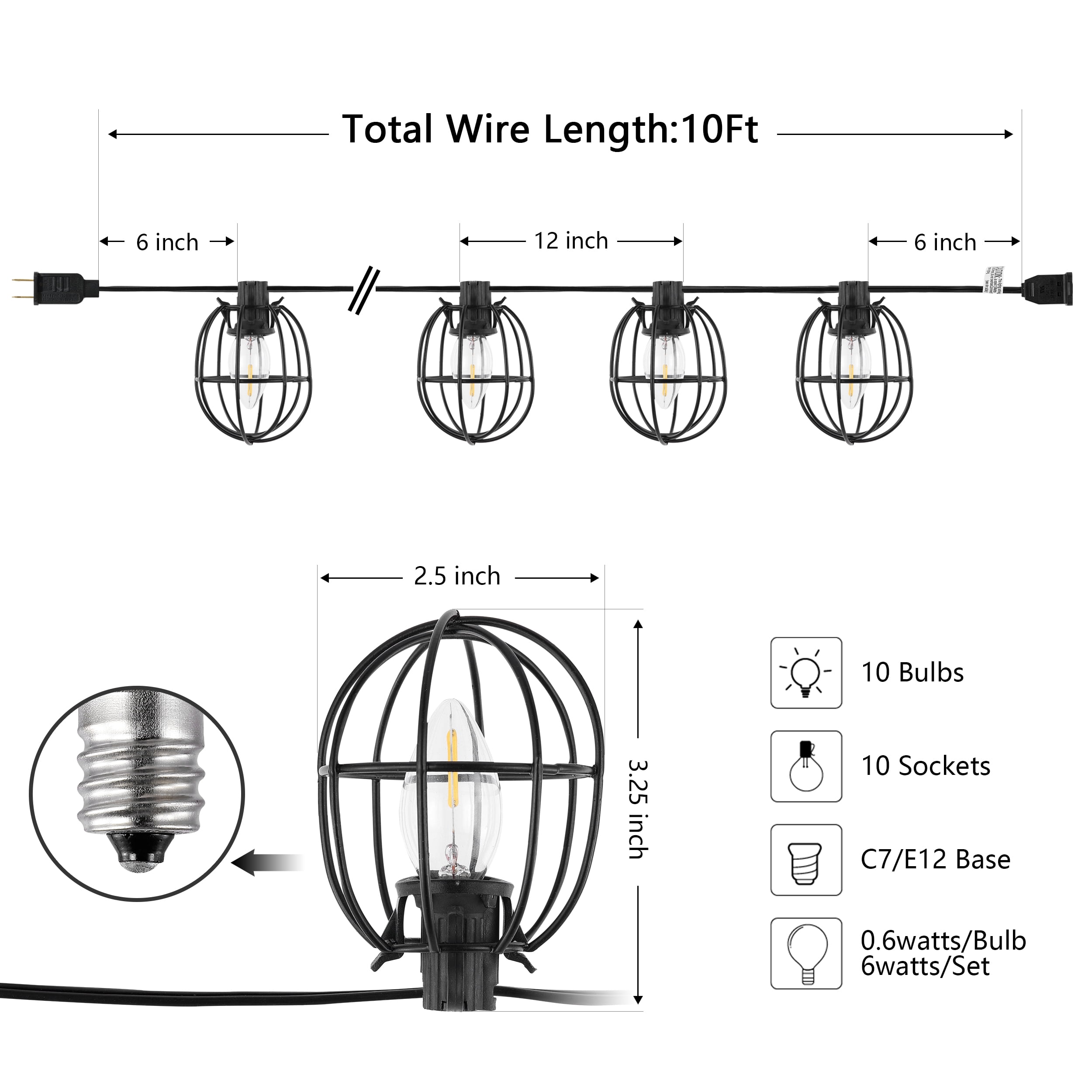 SAFAVIEH Garnet 10-Light C7 Black Plastic Outdoor String Light with Black Shade