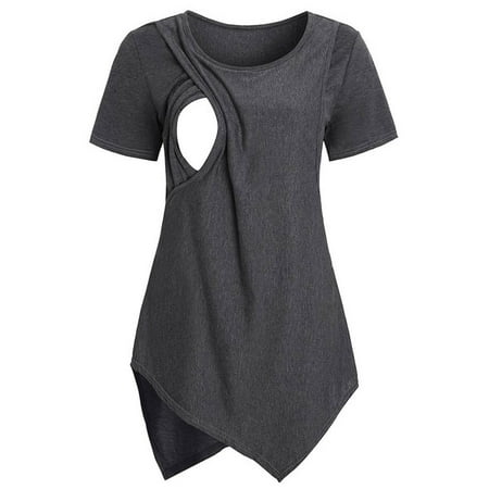 

JustVH Women Maternity Round Neck Short Sleeve Irregular Hem Nursing T-Shirts Breastfeeding Tops