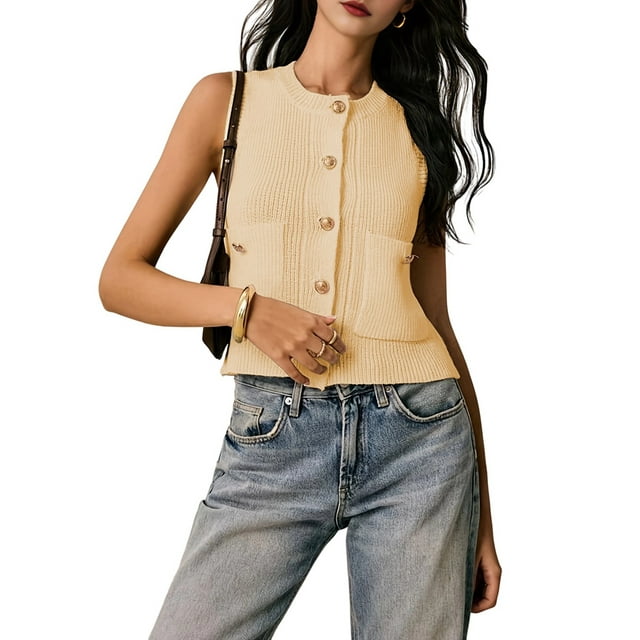 Womens Cropped Sweater Vest Sleeveless Button Ribbed Knit Crew Neck Cardigan Vests Top with Pockets Yellow M