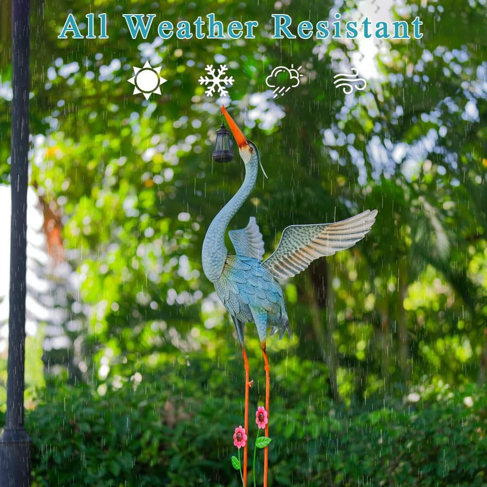 Metal Crane Garden Statue for Outside, Large Heron Outdoor Statues with Leaf Tray, Elegant Crane Yard Art Garden Decor for Garden Yard, Porch