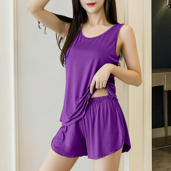 Hrsba pajamas Sets For Women,womens oajamas,Women's Pajama Sets Pajamas For Women Set pajamas Sets For Women Solid Color Sleeveless Ruffled Tank Top With Elastic Waist Shorts Two Piece Loungewear