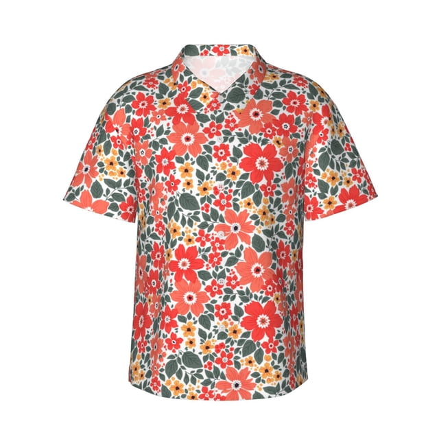 Fotbe Small Coral Red Flowers Camisa Hawaiana para Hombre Unisex – Camisa Casual de Verano con Botones de Manga Corta de Algodón y Lino,Large