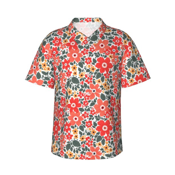 Balery Small Coral Red Flowers Camisas hawaianas de manga corta para hombre, camisas playeras de corte holgado, camisas de vacaciones con botones,X-Large
