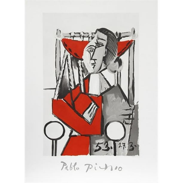 Pablo Picasso 2074 Femme Assise- Lithographie sur Papier 29 Po x 22 Po - Rouge- Gris- Noir