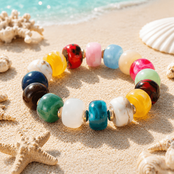 Colorful Chunky Beaded Stretch Bracelet for Women, Boho Resin Bead Summer and Beach Jewelry