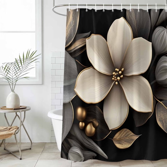Gold Black Flower Waterproof Fabric Shower Curtain,Blossoming Botanical Prints Leaf Waterproof Fabric Shower Curtain for Bathroom Curtains Bathtubs Hotel Shower Curtains with 12 Hooks Standard 72x72