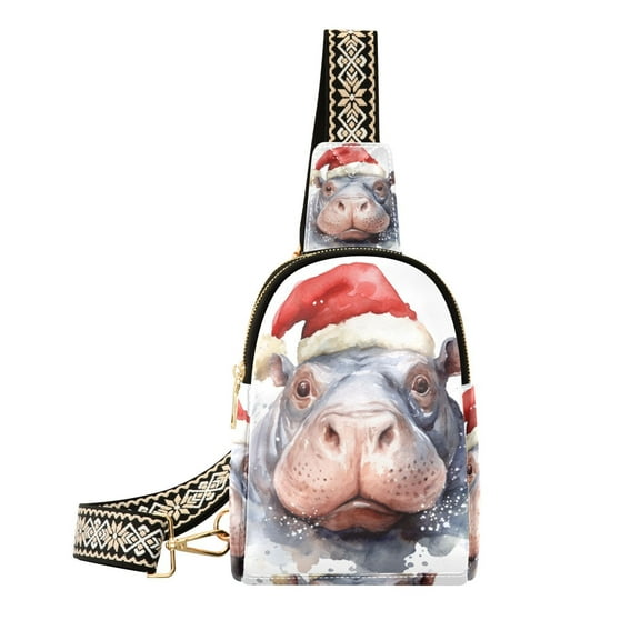 Hippo Christmas Hat Crossbody Bags Backpack Chest Bag Shoulder Bag Waist Bag for Outdoor Travel Hiking Fitness Cycling