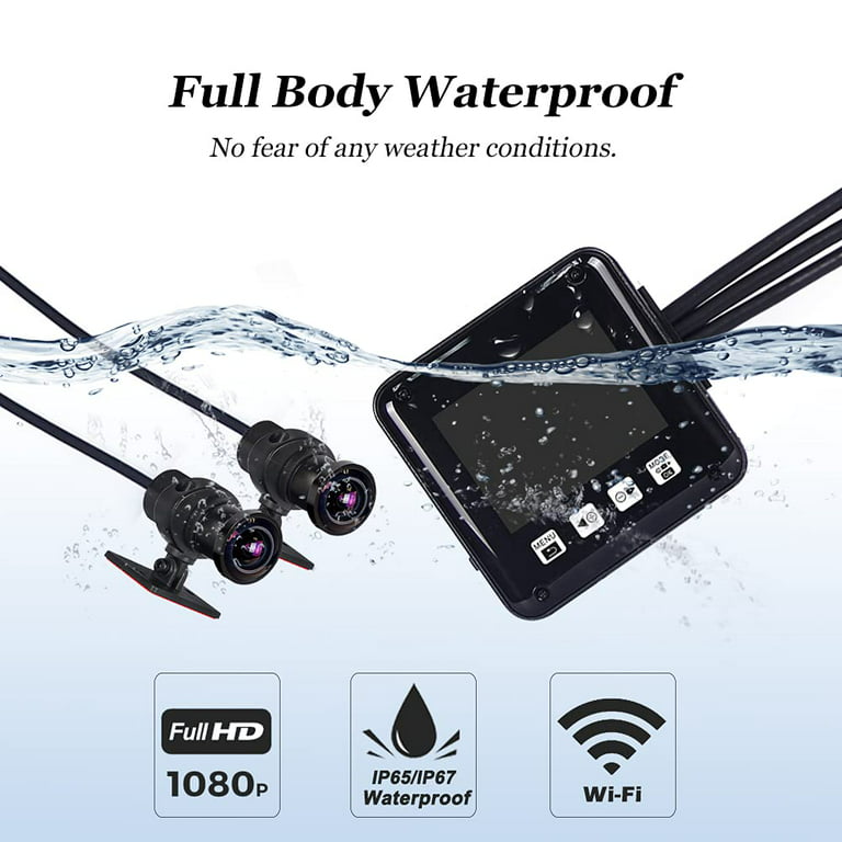 VSYSTO WiFi Motorcycle Dash Cam, 2 Inch Screen All Waterproof HD 1080P WDR  SONY307 150° Wide Angle Fisheye Lens Front and Rear Camera, Night Vision